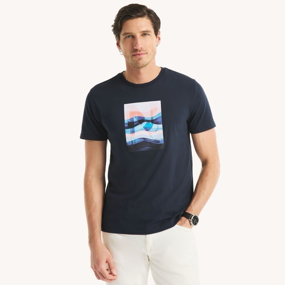 Nautica Men XL Summer Waves Graphic T-Shirt Navy Blue NWT *Defect